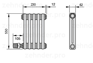 Схема (чертеж) Радиатор Zehnder Charleston 2055/5 №V004 Белый глянцевый RAL 9016